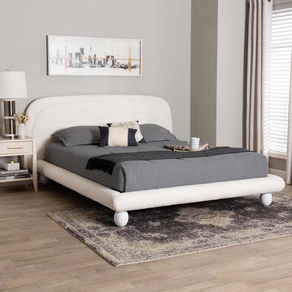 Ivory Upholstered Queen Bed with Tufted Headboard and Wood Frame