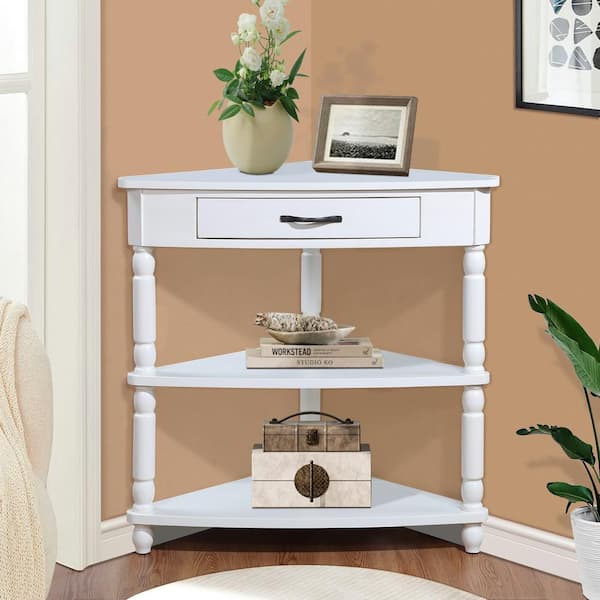 Unbranded 33.8 in. Milk White Triangle Wood End Table with 1-Drawer Corner Side Table 3 Tier Corner Table with Solid Wood Legs