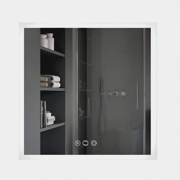 MYCASS LED 35 in. W x 35 in. H Large Square Frameless Anti-Fogwith Memory Wall Mount Bathroom Vanity Mirror in Sliver