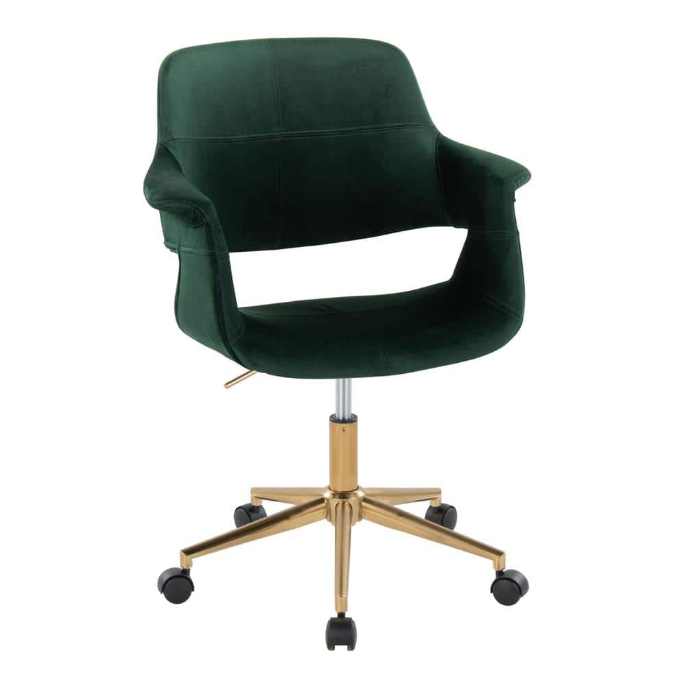 Lumisource Vintage Flair Velvet Adjustable Height Office Chair in Green Velvet and Gold Metal with 5-Star Caster Base, Green Velvet & Gold Metal