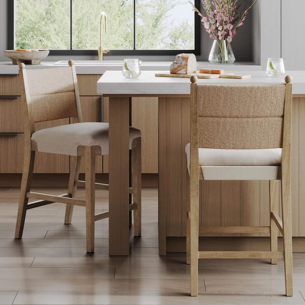 Cove Light Brown Bohemian Solid Wood Upholstered Bar Stool with Natural Flax Cushion and Seagrass Backrest