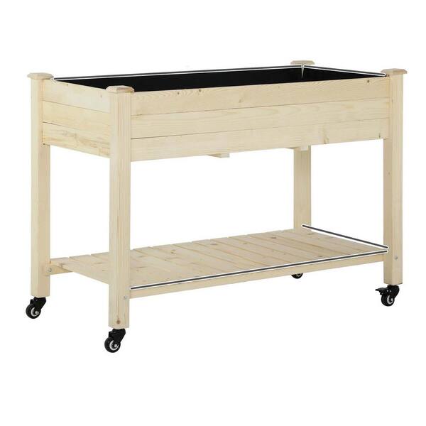 Unbranded Elevated Garden Beds 47" x 22" x 33 in. Wooden Planter Box w/Lockable Wheels, Storage Shelf, for Backyard, Patio, Beige