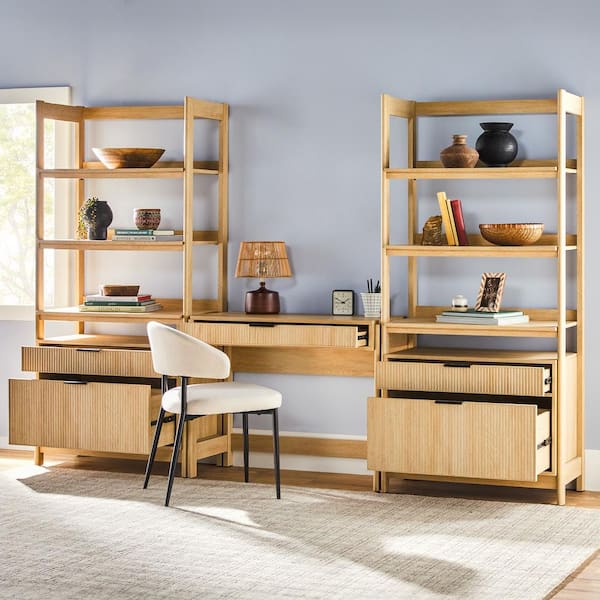 Transitional Coastal Reeded 38 in. Writing Desk with 2 Wide Modern Bookcases (3-Piece)