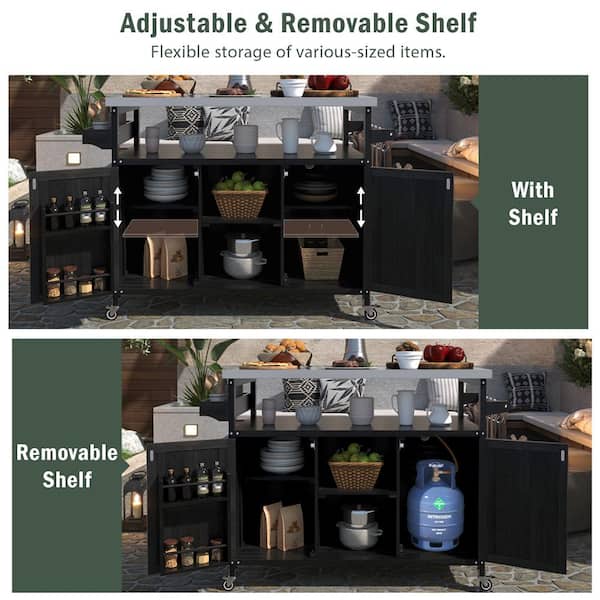 Black Fir Wood Outdoor Bar Cart with Wheels, Patio Kitchen Island