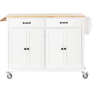 White Kitchen Island on 4-Wheels with 4-Door Cabinets and 2-Drawers Spice Rack and Towel Rack Solid Wood Top