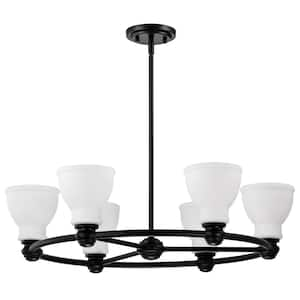 Russel 6-Light Matte Black Traditional Chandelier with Satin White Glass Shade