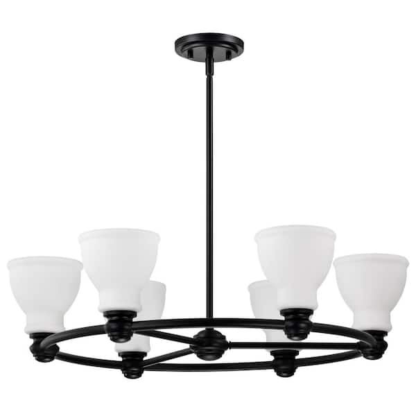 SATCO Russel 6-Light Matte Black Traditional Chandelier with Satin White Glass Shade