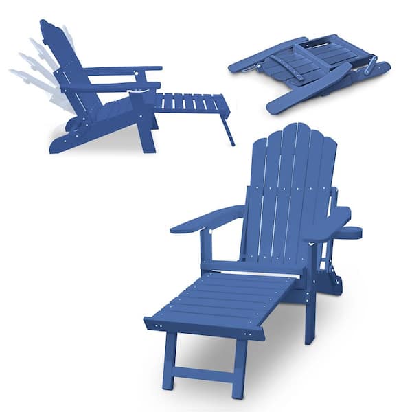 Clihome Folding Plastic Outdoor Adirondack Chair with Pull-out Ottoman and Cup-Holder in Blue