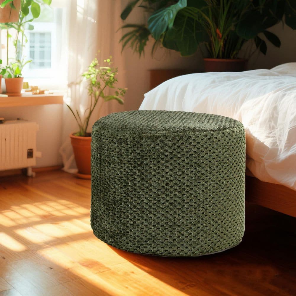Boho Cream White Plush Fiber Upholstered Round Ottoman Pouf Floor