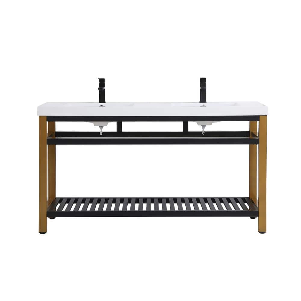 Simply Living 60 in. Double Bathroom Metal Vanity in Golden Black with Resi
