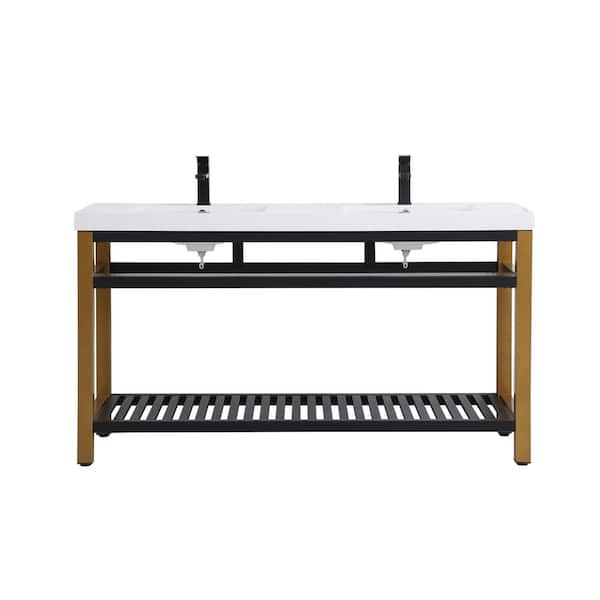 Unbranded Simply Living 60 in. Double Bathroom Metal Vanity in Golden Black with Resin Vanity Top in White