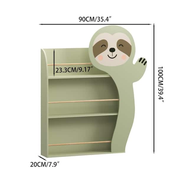 Orixo 39.4 in. Tall Sage Green MDF Wood 3-Tier Sloth Kids Bookcase with Open Display Shelves