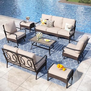 Rattan 7-Piece 9 Seat Metal Outdoor Patio Conversation Set with Beige Cushions, Rocking Chairs and Wood Grain Top Table