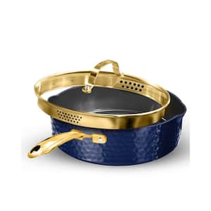 Charleston Collection 4 qt. Aluminum Hammered Nonstick Deep Saute Pan with Strainer Glass Lid in Navy