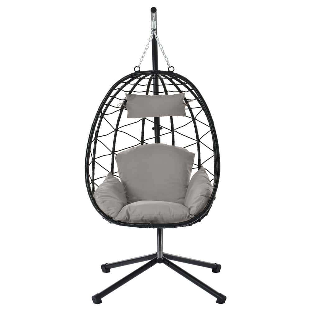 1-Person Indoor Outdoor Wicker Patio Swing Egg Chair with Light Gray Cushio
