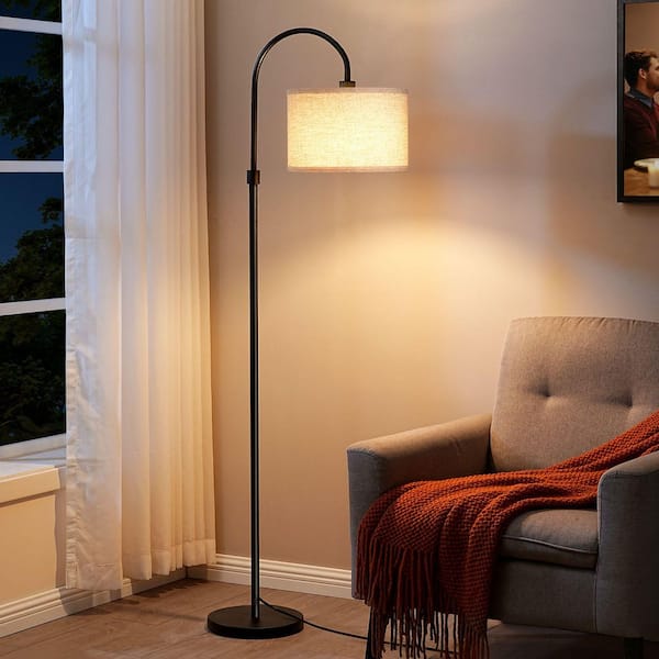 61.8 in. Black 1-Light Arc Floor Lamp for Bed Room with Fabric Drum Shade