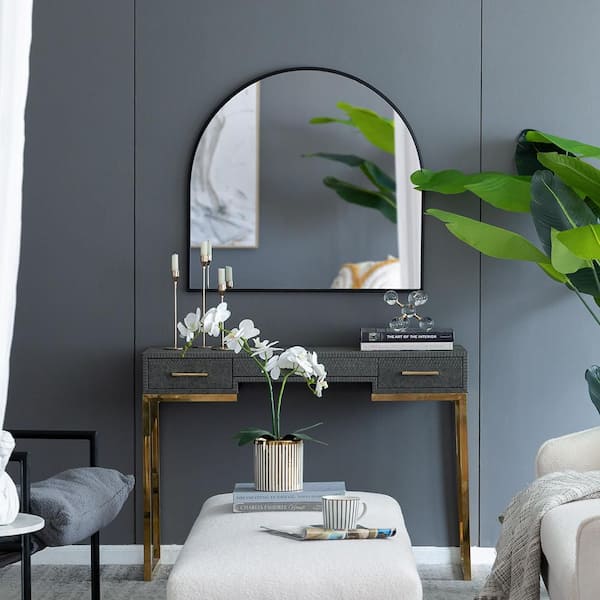 Blisstyle Black 33 in. W x 31 in. H Farmhose Arch Iron Framed Mirror Wall Mirror Wall Decor Mirror