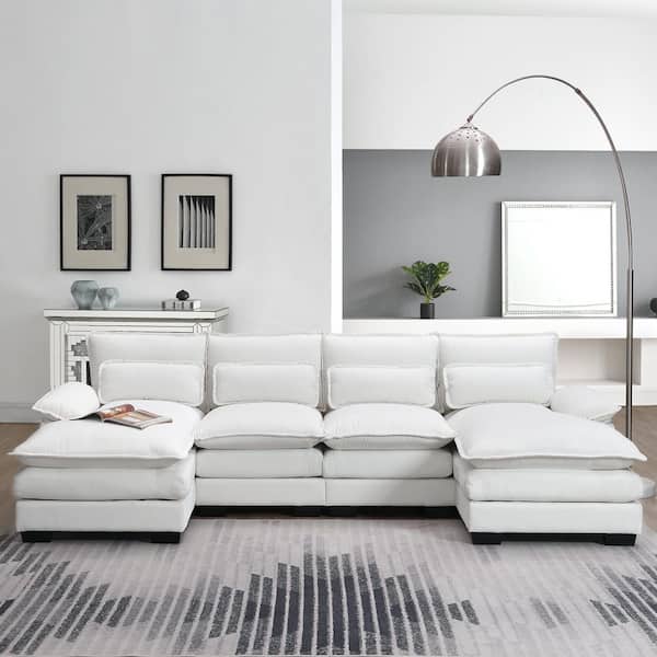 110 in. Double Cushion Chenille Modular U-Shaped 6-Seat Sectional Sofa in White with Waist Pillows, 2 Chaise Lounge
