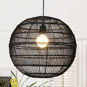 1-Light Black Globe Pendant Light with Rattan Shade, No Bulbs Included