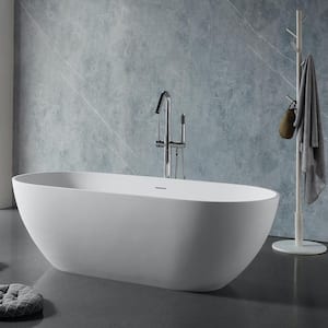 59 in. x 30 in. Freestanding Soaking Synthetic Stone Bathtub with Center Drain in Matte White