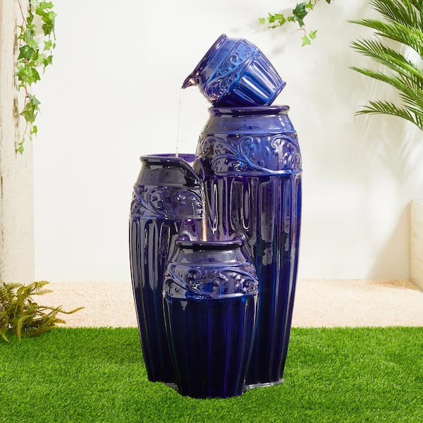 Glitzhome 35.5 in.H Oversized Cobalt Blue Embossed Pattern 4 Tiered Outdoor Floor Fountain with Pump and LED Light (KD)