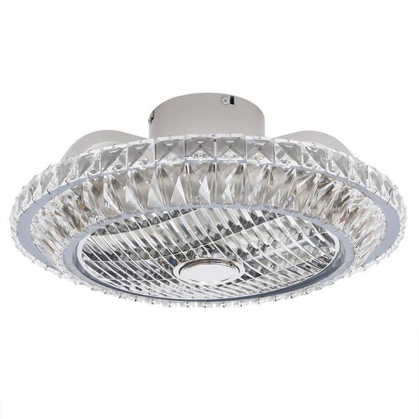 OUKANING 19.7 in. Integrated LED Indoor Modern Luxury Invisible Semi Flush Mount Chrome K9 Crystal Ceiling Fan Lamp
