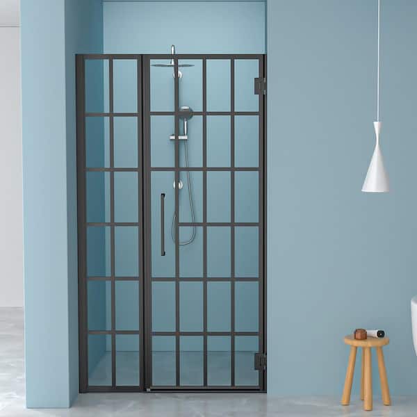 40 in. - 40.8 in.W x 72 in. H Pivot Frameless Shower Door in Matte Black Finish with Pattern Glass