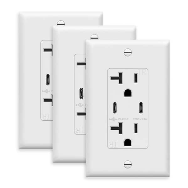 TOPGREENER 20 Amp Tamper-Resistant Decorator Duplex Receptacle, 2 Port USB C Wall Outlet, White (3-Pack)