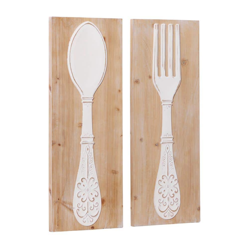 Brown and Cream Carved Wooden Utensils Wall Decor Set