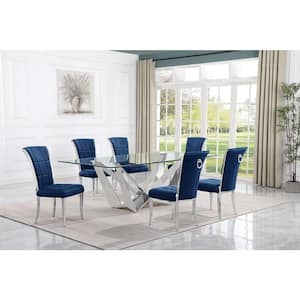 Meryl 7-Piece Rectangular Glass Top Stainless Steel Base Dining Set With 6-Navy Blue Velvet Chrome Iron Legs Chairs