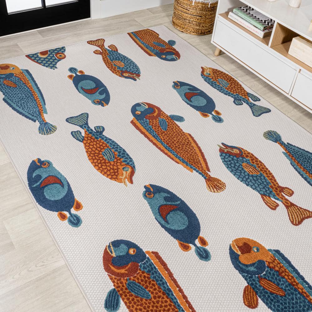 Navy and Orange Coastal Fish Pattern Synthetic 8' x 10' Area Rug
