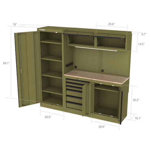 80.2 in. W x 75 in. H x 19.2 in. D Steel 8-Piece Garage Storage System in Matte Army Green with Solid Wood Worktop