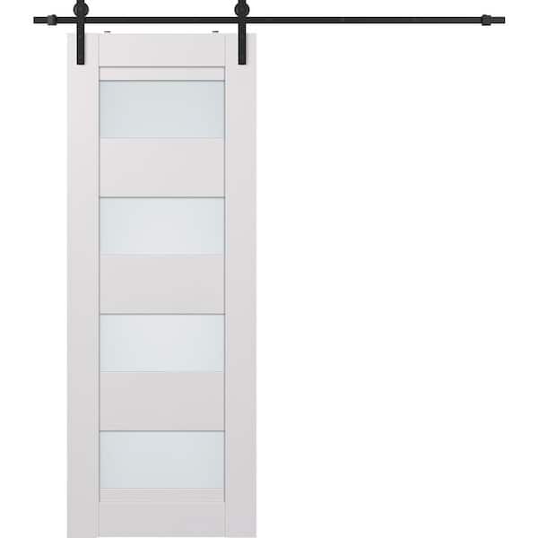 Della 30 in. x 84 in. 4-Lite Frosted Glass Bianco Noble Wood Composite Sliding Barn Door with Hardware Kit