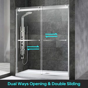 60 in.W x 76 in.H Double Sliding Frameless Shower Door in Brushed Nickel with 3/8 in. (10 mm) Clear Tempered Glass