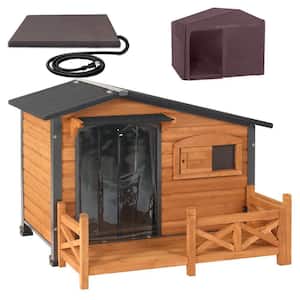 44.6''L Outdoor Heated Dog House, Large Dog House with Metal Frame and Porch, Waterproof Asphalt Roof