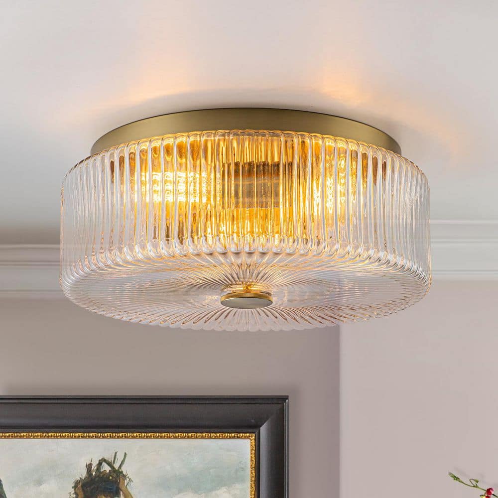 Aspen 13.9 in. 3-Light Brass Flush Mount Ceiling Light with Clear Ribbed Glass Drum Shade price history on PriceWatchPro