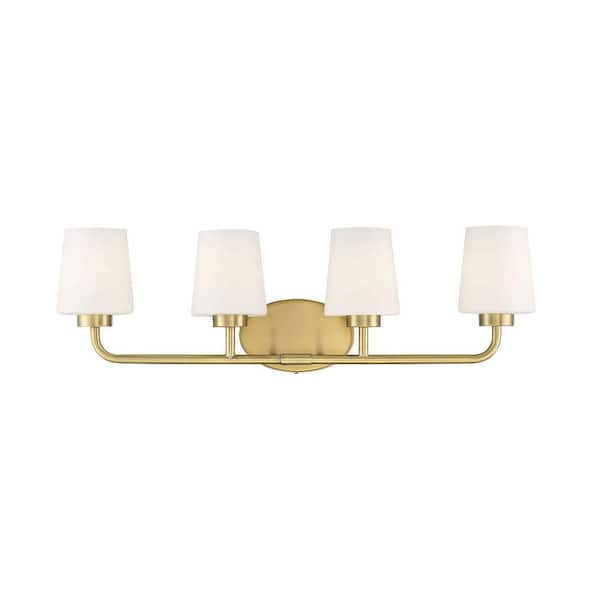 Savoy House Capra 31 in. W x 9 in. H 4-Light Warm Brass Bathroom Vanity Light with Frosted Glass Shades