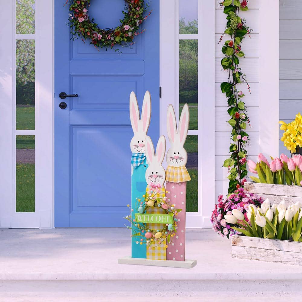 30" Multicolor Wooden Easter Bunny Family Yard Stake