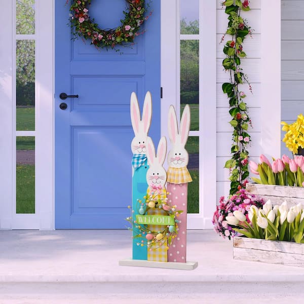 Happy Easter Wooden Hanging Sign Easter Colorful Eggs Bunny Sign Door  Decoration Rustic Easter Wood Wreath Sign for Easter Spring Holiday Front  Door