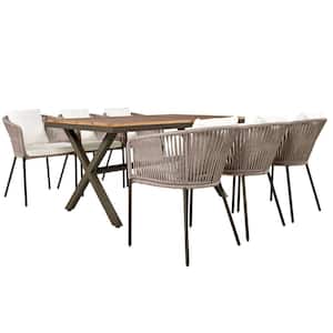 Beige 7-Piece Rope Metal Outdoor Dining Set with Beige Cushions and Rectangular Dining Table