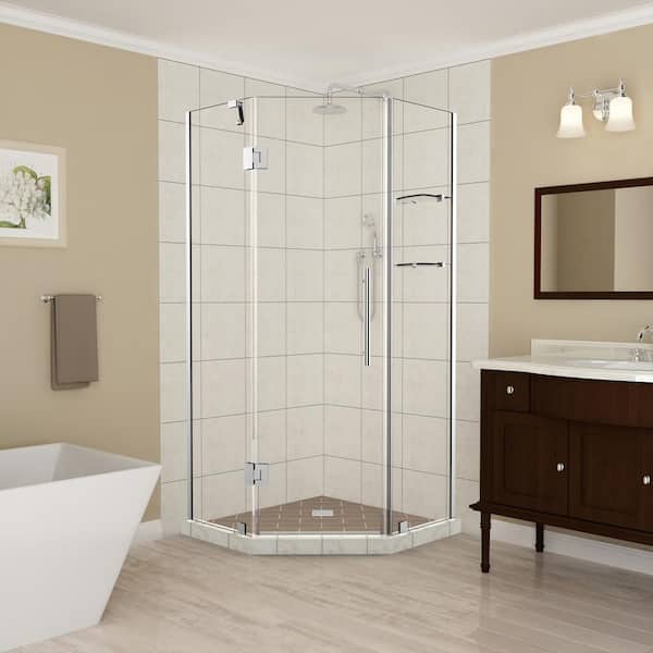 Aston Merrick GS 34 in. - 34.25 in. x 72 in. Frameless Hinged Neo-Angle Shower Enclosure with Glass Shelves in Chrome