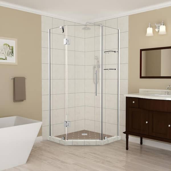 Aston Merrick GS 36 in. to 36.5 in. x 72 in. Frameless Neo-Angle Hinged Shower Enclosure with Glass Shelves in Chrome