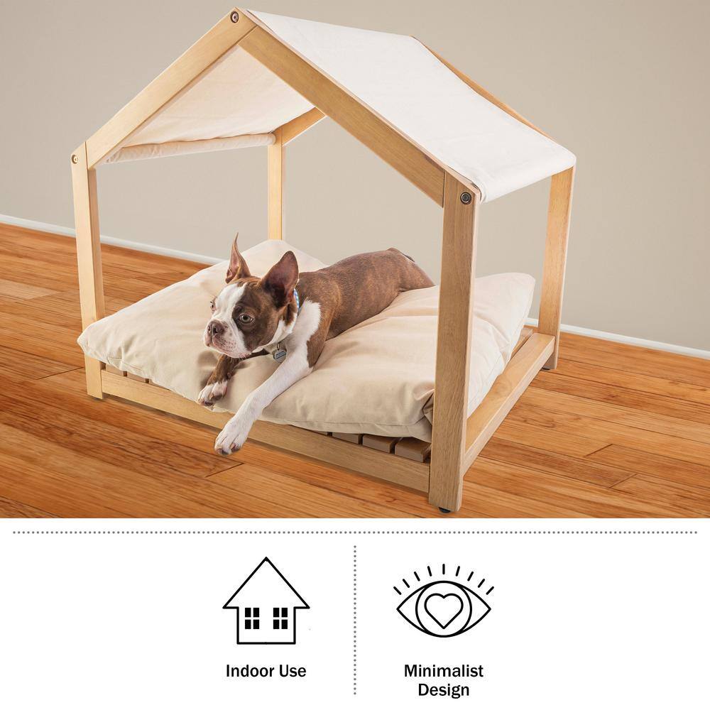 Small Natural Wood Indoor Dog House with Cushion and Canopy