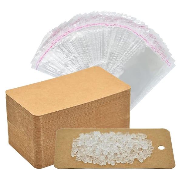 Unbranded Earring Display Cards Solid Thick Kraft Paper w/100 Pcs Earring Holder Card 100 Pair Clear Earing Backs 100 Pieces Brown