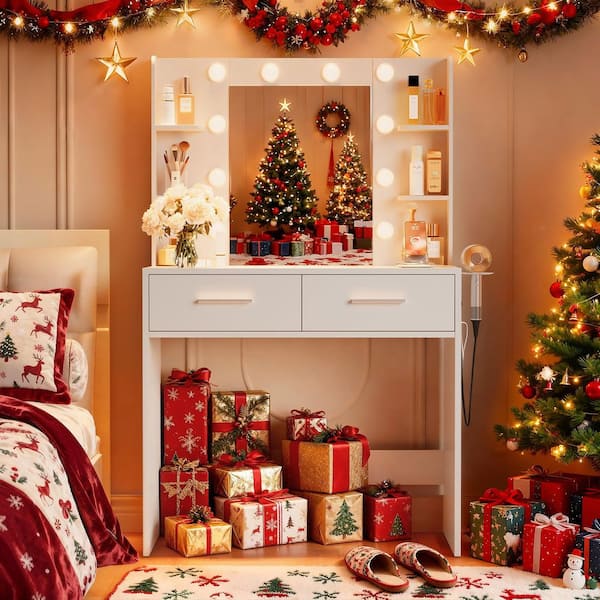 Makeup Vanity Set with Mirror and Power Outlet, Dressing Table with 2-Drawers, 4-Storage Shelves, White without Bench