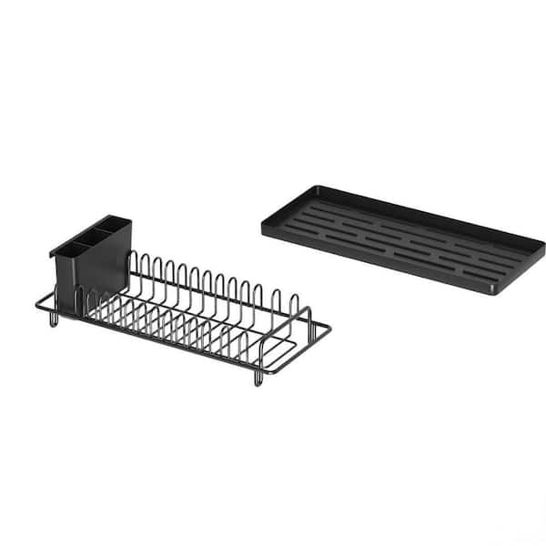 Black Compact Dish Rack Sink Drying Rack with Silicone Mat, Stainless Steel Utensil Holders for Kitchen Sink Cabinet