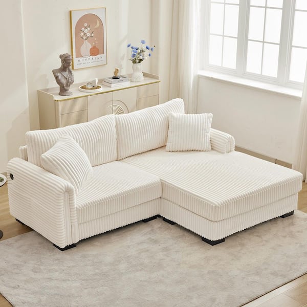 Logan 86.6 in. Corduroy Upholstery Sectional Sofa in. Beige, USB-C Charging Port, Storage Pocket, Convertible