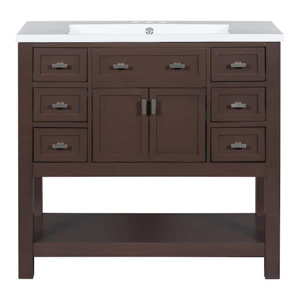 JimsMaison 35 in. W x 18 in. D x 34 in. H Single Sink Freestanding Bath Vanity in Brown with White Cultured Marble Top
