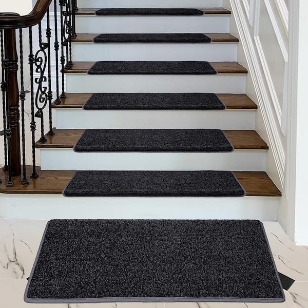 Black 9.5 in. x 30 in. x 1.2 in. Bullnose Polypropylene Non-slip Carpet Stair Tread Cover With Landing Mat (Set of 15)