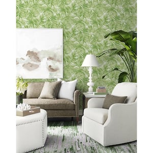 60.75 sq. ft. Coastal Haven Spring Green Cordelia Tossed Palms Embossed Vinyl Unpasted Wallpaper Roll